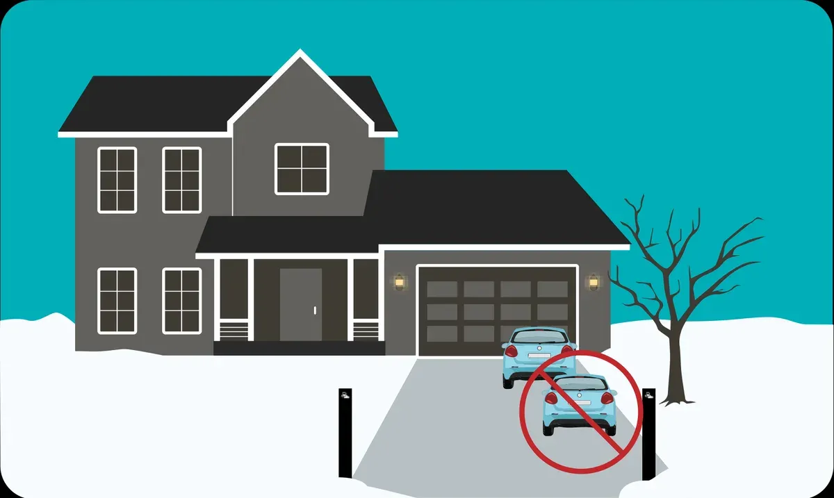 Diagram of a car parked down at the street end of a driveway, crossed out in red as the spot to avoid.