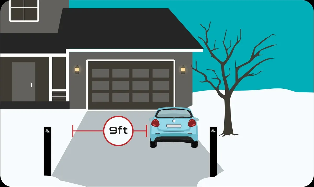 Diagram of one car parked tight against one side of a driveway, with 9 ft marked across the open pavement beside it.