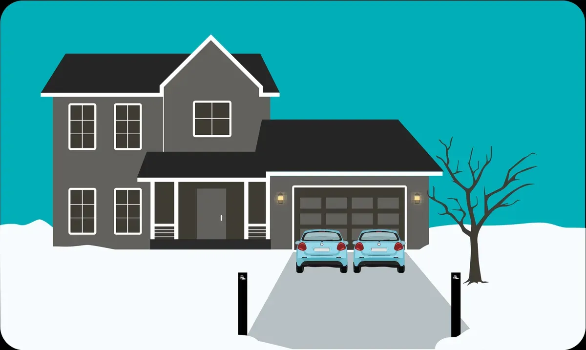 Diagram of two cars parked side by side at the top of a driveway, right up against the garage, with the whole lower driveway left open.
