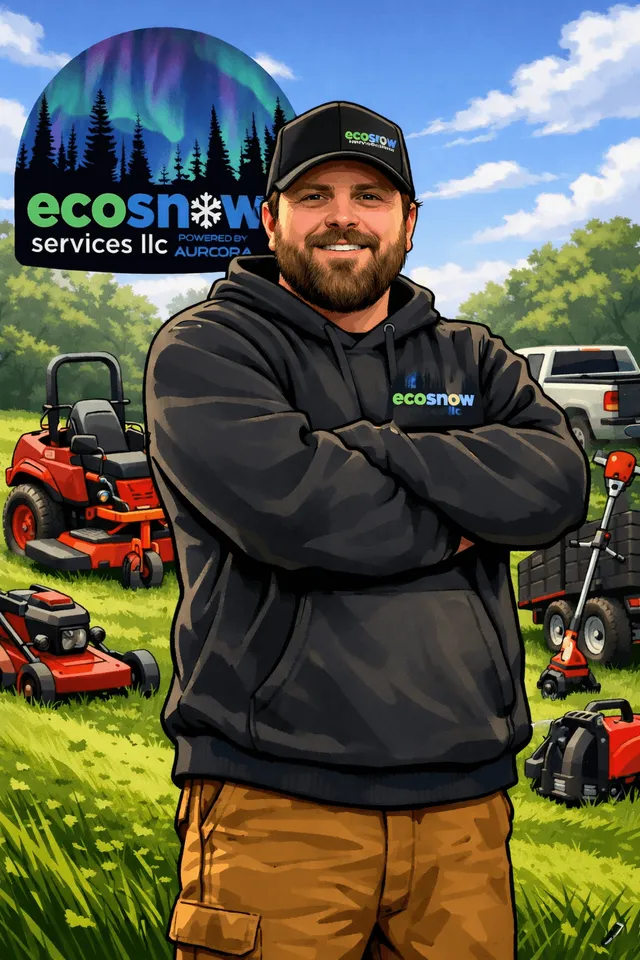 Illustrated portrait of Tyler in an Ecosnow Services cap and hoodie, arms crossed, with lawn care equipment behind him.